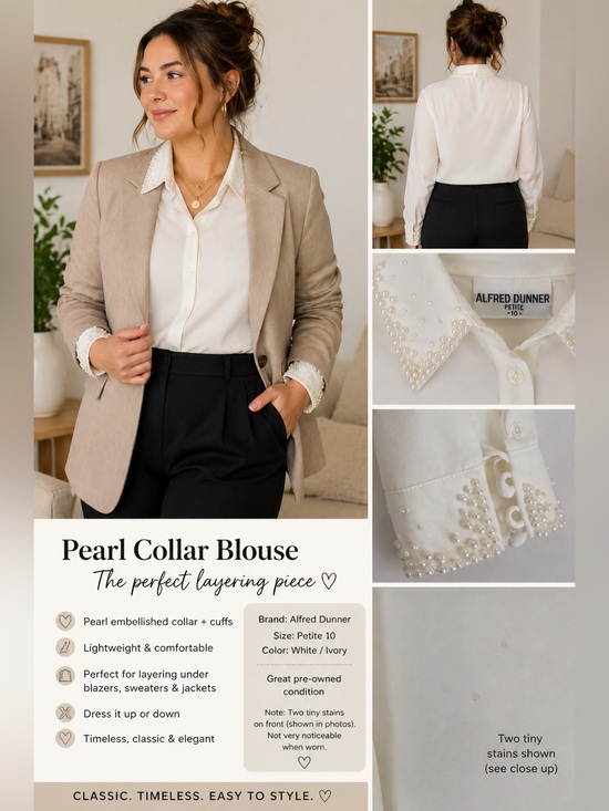Tops - Alfred Dunner Petite Pearl Collar Blouse White Button Up Preppy Chic
